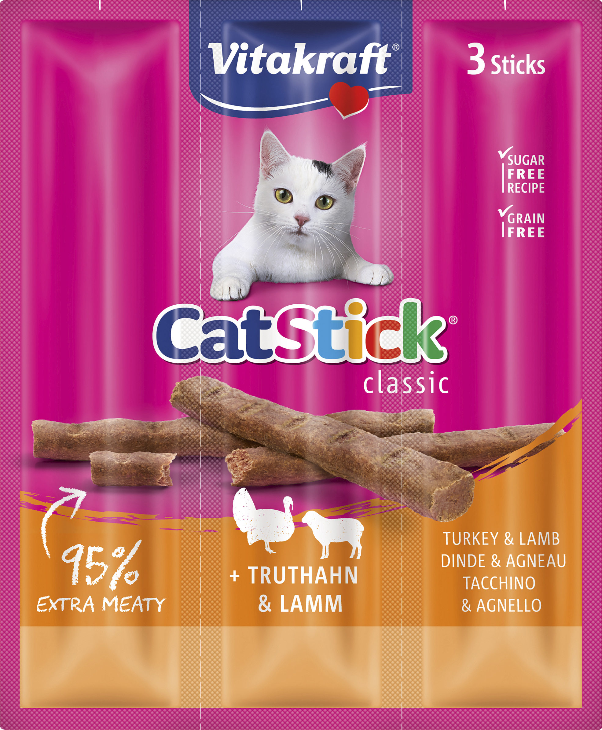 Kattgodis Vitakraft Cat Stick Mini Tuggpinnar Kalkon/Lamm 3-p